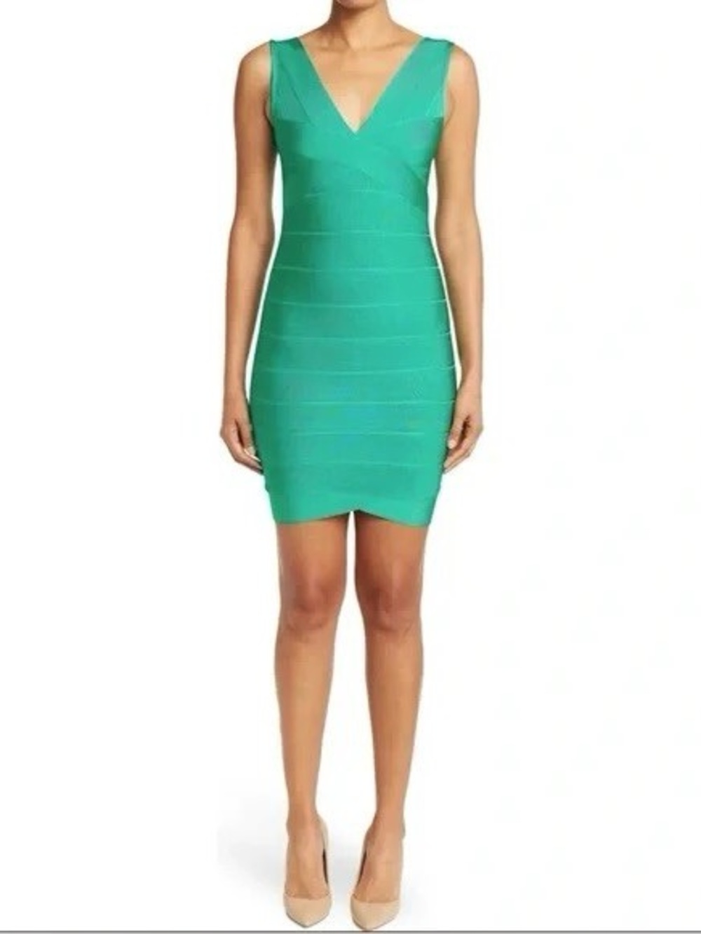 Herve Leger Emerald Green V-Neck Bandage Mini Dress | XS